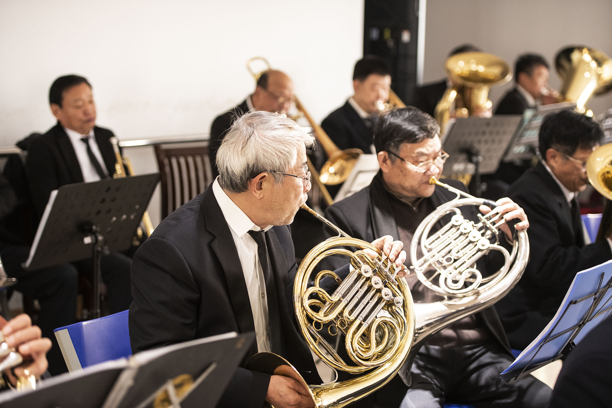 Members of a wind band at a senior college are rehearsing intensively for their New Year performance, Hefei, East China's Anhui Province, January 7, 2024. /CFP